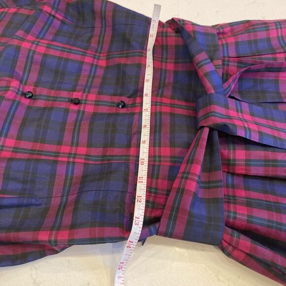 TALBOTS BURGUNDY PLAID SILK COTTON SHIRT DRESS FIT and FLARE 3/4 SLEEVES POCKETS - Picture 5 of 10